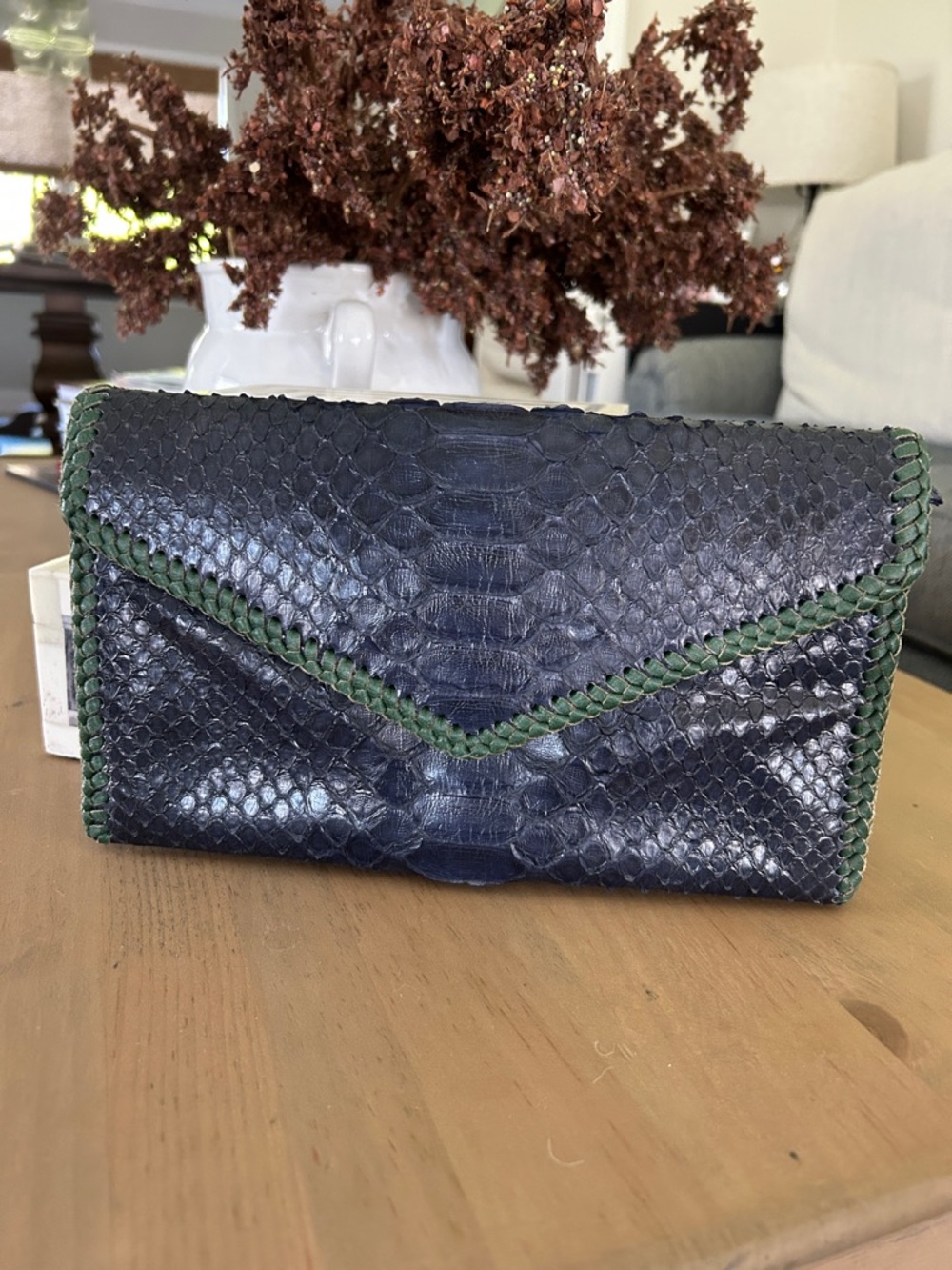 NWOT Navy Snakeskin Envelope Clutch with Green Leather Trim